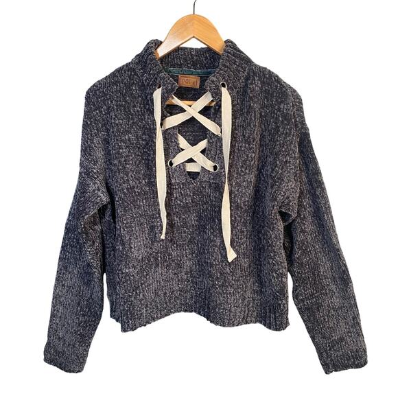 POL Gray Chenille Pullover Lace-Up Long Sleeve Cropped Sweater Size Small - Picture 1 of 15